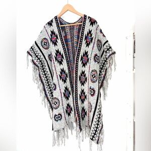 ⭐ 3 for $40 - Boho Poncho Sweater with Fringe Trim – One Size